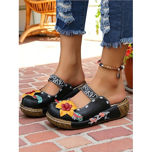  Damen-Slipper-Clogs aus lila geblümtem Leder mit 3D-Blumenapplikation – bequeme Vintage-Schuhe im Bohème-Stil für die Freizeit, Gartenarbeit und Reisen