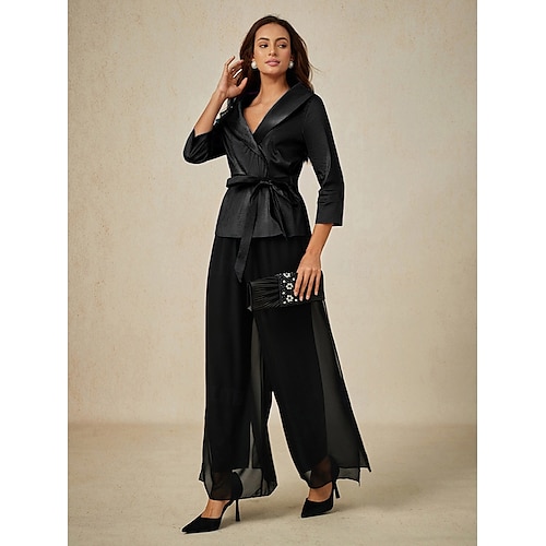  Women's Blouse Evening Tops Solid Color Plain Elegant Metallic Stylish 3/4 Length Sleeve V Neck Regular Tops Wedding Guest Evening Party Semi Formal Tie Front Black Spring, Fall, Winter, Summer