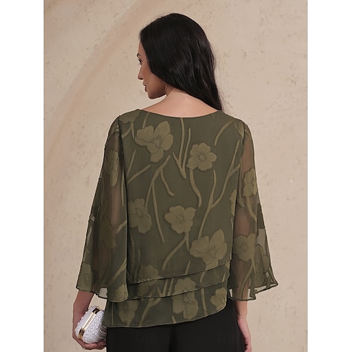 Damen Spitzenbluse Bluse Elegante Oberteile Chiffon Tops Einfarbig Blumen Elegant Stilvoll Lässig Halbarm Flattrige Ärmel U-Boot-Ausschnitt Normale Oberteile Hochzeitsgast Arbeit Täglich
