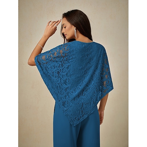  Women's Blouse Dressy Tops Plain Elegant Half Sleeve Crew Neck Regular Tops Wedding Guest Daily Lace Patchwork Layered Blue Summer Spring