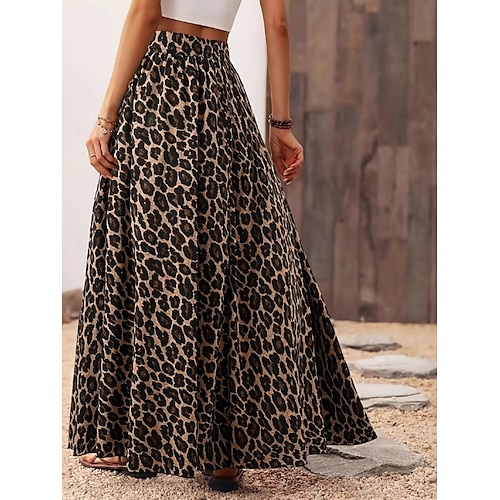  Dame الالتفاف A-linje Mote Fritid Maksi Høy Midje Skjørt Leopard Trykt mønster Mikroelastisk Gate Daglig Leopard Sommer Polyester