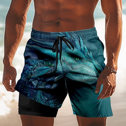  Per uomo Animale Drago 3D Pantaloncini foderati Pantaloncini da bagno 2 in 1 Pantaloncini da mare Misura del girovita medio Stile gotico oscuro Ferie Tasche Laterali Con Fodera a Compressione