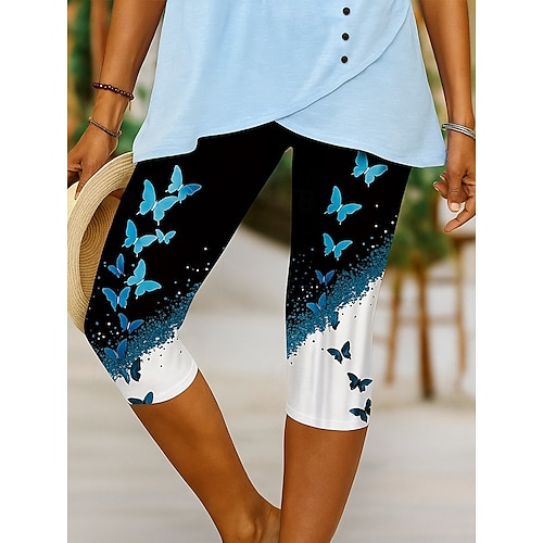  Women's Leggings Elegant Vacation Fashion Capris High Waist Graphic Butterfly Glitter Shine Stretchy Outdoor Vacation Causal Yellow Pink Blue Summer Spring Skinny