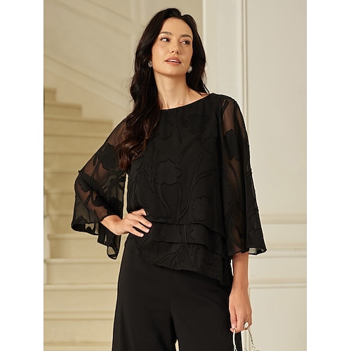  Dames Kanten overhemd Blouse Geklede topjes Chiffon-topjes Effen Kleur Bloemig Grafisch Elegant Stijlvol Basic Halve mouw Flutter mouw Boothals Normale tops Bruiloft gast Werk Dagelijks Asymetrische