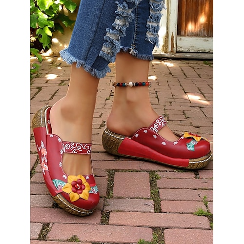  Damen-Slipper-Clogs aus lila geblümtem Leder mit 3D-Blumenapplikation – bequeme Vintage-Schuhe im Bohème-Stil für die Freizeit, Gartenarbeit und Reisen