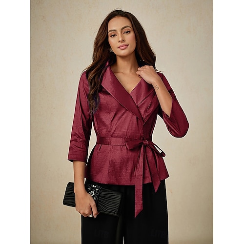  Dame Bluse Kveldstopper Elegant metallic Stilfull 3/4 ermer V-hals Vanlige topper Bryllupsgjest Aftenselskap Semi-formelt knyte foran Vin Vår, Høst, Vinter, Sommer