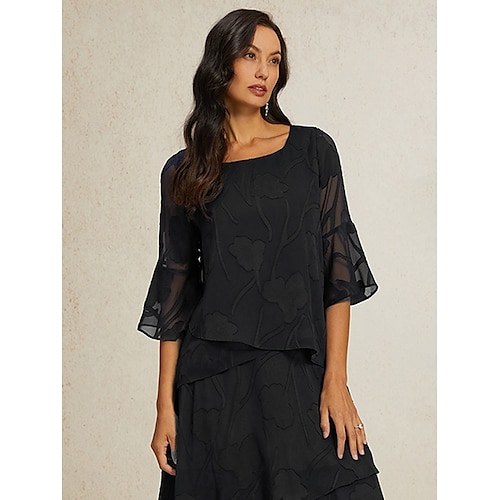  Damen Spitzenbluse Bluse Elegante Oberteile Chiffon Tops Einfarbig Blumen Elegant Stilvoll Basic Dreiviertelarm Glockenärmel U-Boot-Ausschnitt Normale Oberteile Hochzeitsgast Arbeit Täglich
