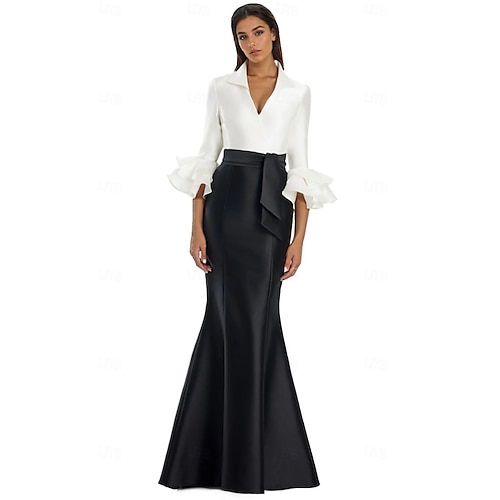 Robe cocktail noir et blanc sirène/trumpette élégante robe de mariage longueur totale manches longues col chemise satin avec nœud(s) Robe cocktail noir et blanc sirène/trumpette élégante robe de mariage longueur totale manches longues col chemise satin avec nœud(s)