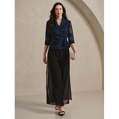  Dames Overhemd Blouse Bloemig Elegant Stijlvol 3/4 mouw V-hals Normale tops Werk Dagelijks strik voorkant Geklede tuniek Asymmetrisch Marineblauw Zomer Lente Herfst