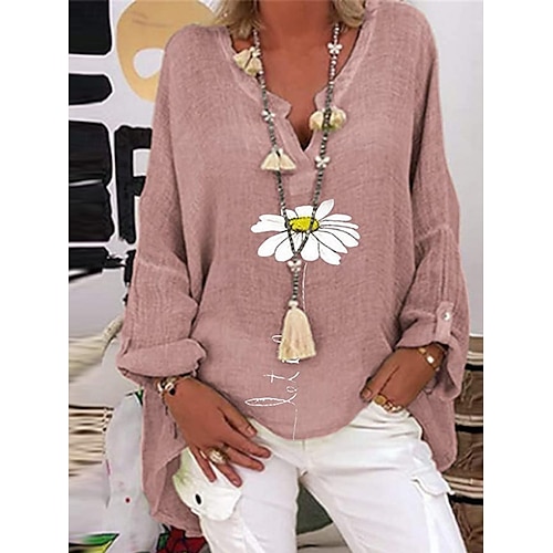  Damen Baumwoll-Leinen-Hemden Gänseblümchen Basic Lässig Langarm Hemdkragen Normale Oberteile Täglich Druck Rosa Marineblau Purpur Grün Sommer Herbst