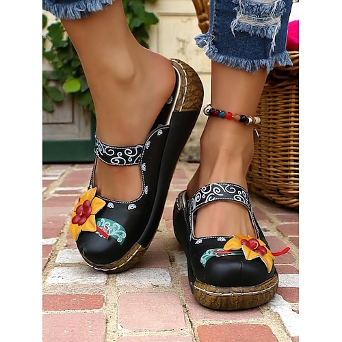  Damen-Slipper-Clogs aus lila geblümtem Leder mit 3D-Blumenapplikation – bequeme Vintage-Schuhe im Bohème-Stil für die Freizeit, Gartenarbeit und Reisen