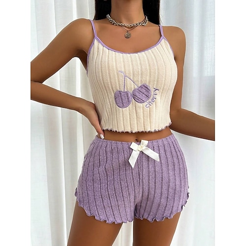  Dames Pyjamaset Casual Comfortabel Kersen Elastische taille Strap Top Korte broek Huis Dagelijks Mouwloos hihnat Geel Blozend Roze blauw Paars Zomer Normale pasvorm