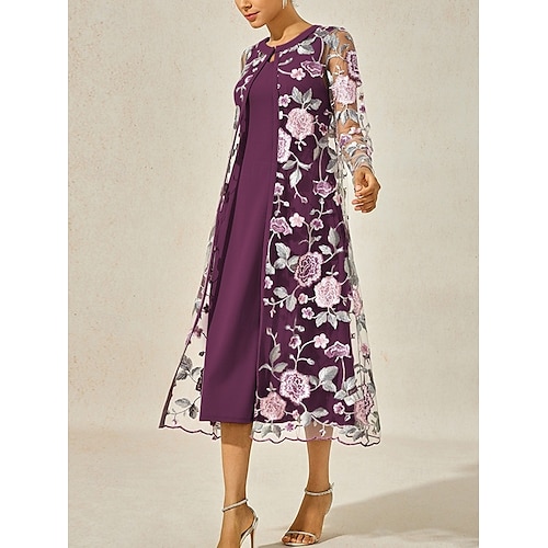  Per donna Abito Midi Tubino Elegante cocktail Abiti semi formali Matrimonio Feste Ospite di nozze Floreale Manica Lunga Girocollo Viola Primavera Autunno Inverno