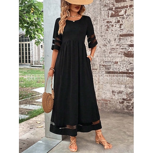 Femmes Robe maxi Robe trapèze Robe d'été Occasionnel Quotidien Coupe régulière Uni Demi Manches Col en V Noir Vin Vert Été
