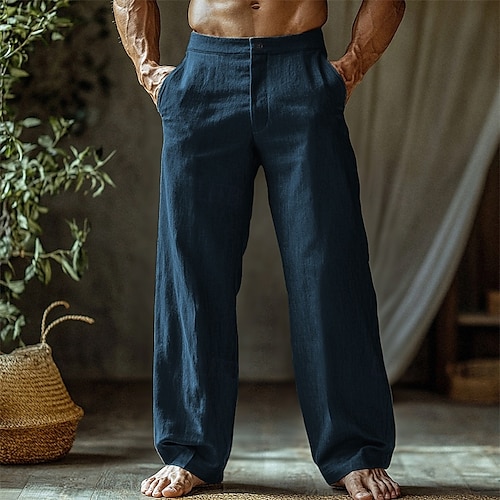 Voor heren Linnen broek Broek Zomerbroek Strandbroeken Knop Zak Recht been Effen Comfort Ademend Vakantie Dagelijks Feestdagen Hawaii Boho Zwart Wit
