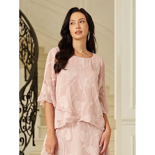  Damen Spitzenbluse Bluse Elegante Oberteile Chiffon Tops Einfarbig Elegant Stilvoll Basic Dreiviertelarm Glockenärmel U-Boot-Ausschnitt Normale Oberteile Hochzeitsgast Arbeit Täglich Asymmetrischer