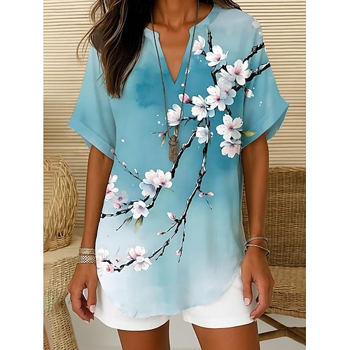  Femmes Chemise Bohème Fleuri Graphique Bohème ancien Tropical Manche Courte Col en V Hauts Réguliers Quotidien Fête Tenue de plage Blanche Bleu Beige Été Printemps
