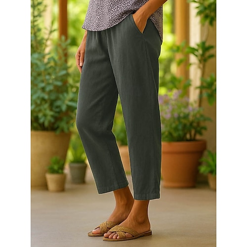  Women's Cotton Pants Vacation Vintage Ethnic Style Ankle-Length High Waist Plain Comfy Breathability Soft Micro-elastic Army Green Dark red Black White Summer Spring Loose Fit