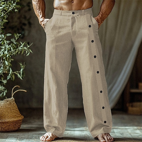  Men's Linen Pants Trousers Summer Pants Beach Pants Pocket Side Button Plain Comfort Breathable Vacation Daily Holiday Hawaiian Boho Black White