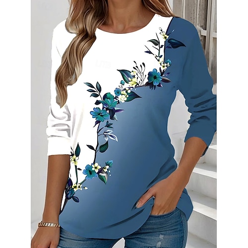  Women's T Shirt Floral Graphic Plants Vintage Stylish Classic Long Sleeve Crew Neck Round Neck Regular Tops Daily Weekend Print Yellow Light Green Blue Sky Blue Purple Summer