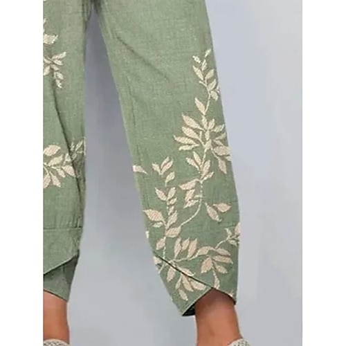  Dames Chinese Wijde broek Vakantie Vintage Etnische stijl Enkellengte Hoge taille Bloemig Grafisch Planten Lapwerk Trekkoord Opdrukken Ademend Micro-elastisch Vakantie Casual Dagelijks Wit Licht Groen