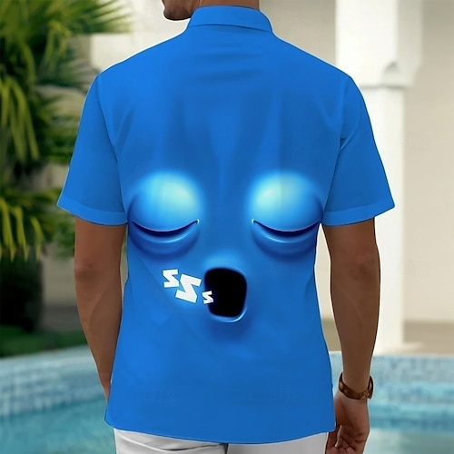  Miesten Piirretty Hauska Ihmisen kasvot Paita Kesä paita Button Up paita Lyhythihainen Muoti rento Loma Juhla Pyhäpäivä Kesä Kevät Sänkyjen avaus 3D-tulostus kauluspaidat Edessä yksi tasku Sininen
