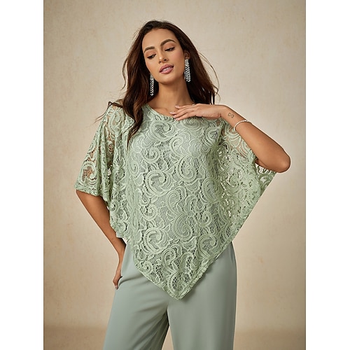  Damen Bluse Elegante Oberteile Glatt Elegant Halbe Ärmel Rundhalsausschnitt Normale Oberteile kleid hochzeitsgast Täglich Spitze Patchwork Layer-Look Salbeigrün Sommer Frühling
