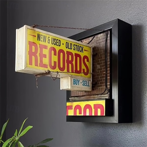 Retro vägglampa i skivaffär, klassisk väggdekoration för vinylskivor, retro estetisk LED-ljusskylt för rum, present till skivsamlare och musikälskare