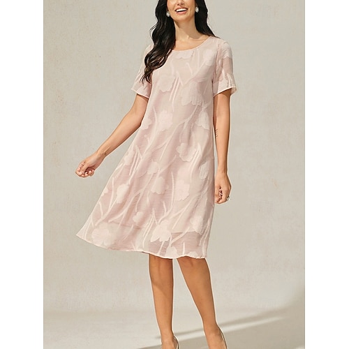  Dame Knelang kjole Chiffonkjoler Elegant Fritid Løstsittende Blomstret Kortermet Crew-hals Rosa Sommer