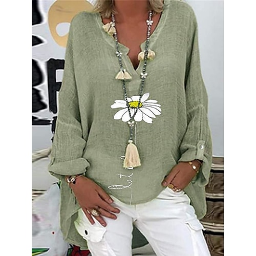  Damen Baumwoll-Leinen-Hemden Gänseblümchen Basic Lässig Langarm Hemdkragen Normale Oberteile Täglich Druck Rosa Marineblau Purpur Grün Sommer Herbst