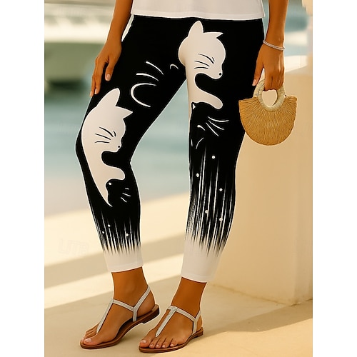  Femmes Leggings Vacances Mode Mignon Longueur complète Taille haute Graphique Animal Chat Impression 3D Séchage Rapide Respirabilité Doux Élastique Extérieur Maison Décontracté Noir Blanche Automne