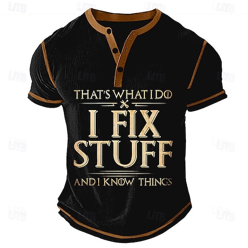 Men's Funny Slang I FIX STUFF Henley Shirt Waffle T Shirt Short Sleeve Daily Retro Vintage Classic Sports Outdoor Casual Holiday Spring & Summer Black Blue Green Army Green Henley Henley T-Shirt