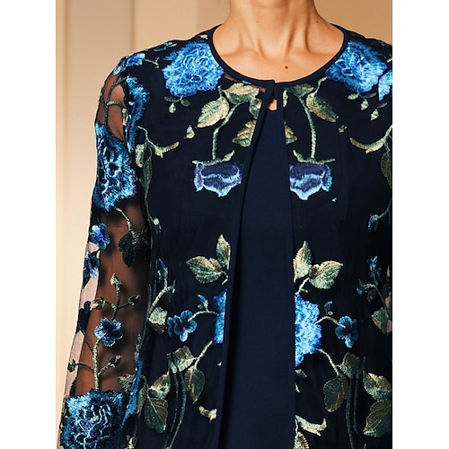  Damen Blazer Atmungsaktiv Spitze Bestickt Elegant Blumen Formell Regulär Rundhalsausschnitt Lässiger Schnitt Langarm Oberbekleidung Marineblau Sommer Frühling
