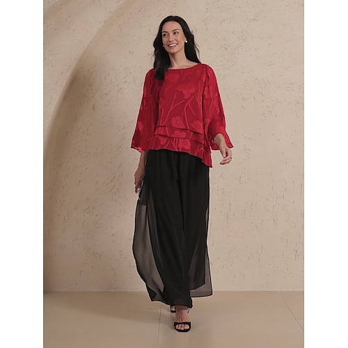  Dames Kanten overhemd Blouse Geklede topjes Chiffon-topjes Effen Kleur Bloemig Elegant Stijlvol Casual Halve mouw Flutter mouw Boothals Normale tops Bruiloft gast Werk Dagelijks Asymetrische zoom Wijn