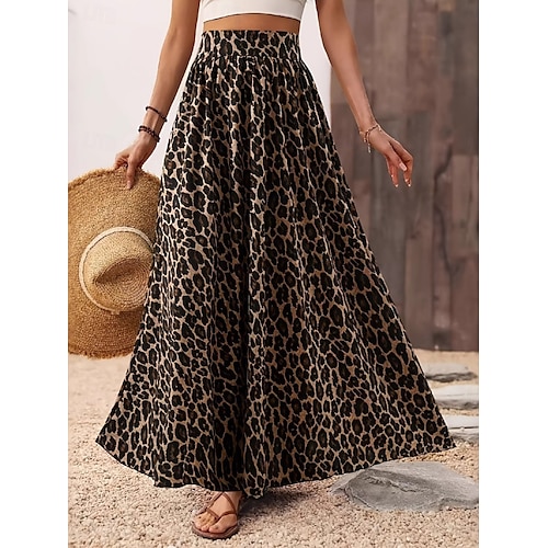  Dame الالتفاف A-linje Mote Fritid Maksi Høy Midje Skjørt Leopard Trykt mønster Mikroelastisk Gate Daglig Leopard Sommer Polyester