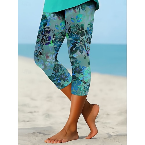  Leggings Femininas Capri Calças Alta Elasticidade Férias Moda Vintage Comprimento até a Panturrilha Cintura Alta Impressão Floral Gráfica Respirável Macio Elástico Formal Férias Escritório Cinza