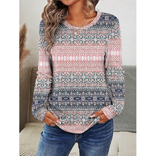  Dam T-shirt långärmad crew neck långärmad tunika grafisk geometrisk stilren avslappnad trendig vanlig toppar dagligen helg tryck rosa blå höst förhöjd
