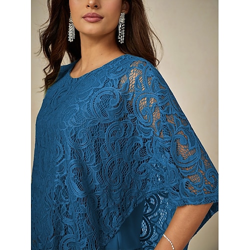  Women's Blouse Dressy Tops Plain Elegant Half Sleeve Crew Neck Regular Tops Wedding Guest Daily Lace Patchwork Layered Blue Summer Spring