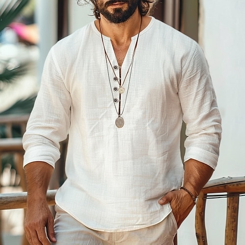  Voor heren Overhemd Linnen overhemd Zomer overhemd Strand hemd Effen Kleur Vakantie Casual Zwart Wit blauw Groen Lange mouw Henley Zomer Lente Kleding