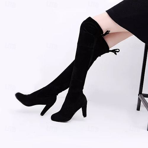  Overknee laarzen met blokhak voor dames – sexy suède laarzen met striksluiting aan de achterkant, elegante herfst- en winterschoenen voor een avondje uit, feestjes en streetstyle-looks