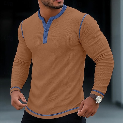  Men's T Shirt Henley Shirt Waffle Knit Tee Tee Top Long Sleeve Shirt Long Sleeve Color Block Solid Fashion Designer Basic Patchwork Henley Vacation Street Casual Spring &  Fall All Seasons Black