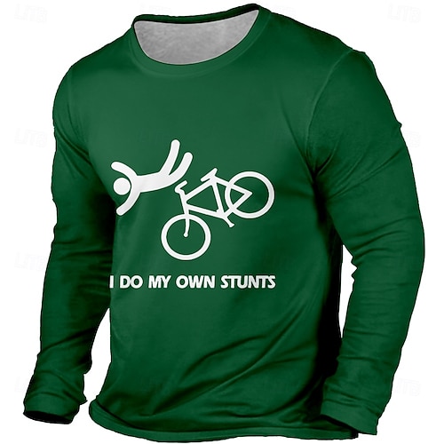 maglietta da uomo con scritta "I do my own stunts", maglietta a maniche lunghe con stampa 3D, girocollo, moda, basic, street casual, abbigliamento quotidiano, nero, rosso e blu.
