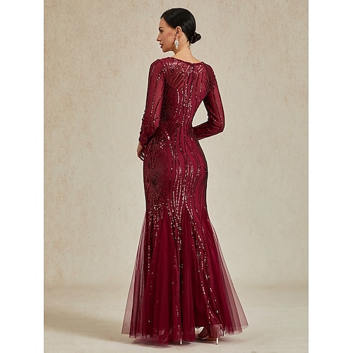  Damen Maxikleid Trompeten- Meerjungfrauenkleid Elegant Party Formell Cocktailparty Normale Passform Einfarbig Langarm Rundhalsausschnitt Burgunderrot Frühling Herbst Winter