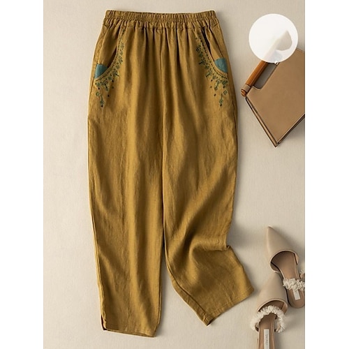  Per donna Pantaloni in cotone e lino Chinos Moda Essenziale Lunghezza intera Vita Alta Floreale Ricamato Comodità All'aperto Micro-elastico Vacanza Streetwear Quotidiano Bianco Giallo Albicocca Caffè