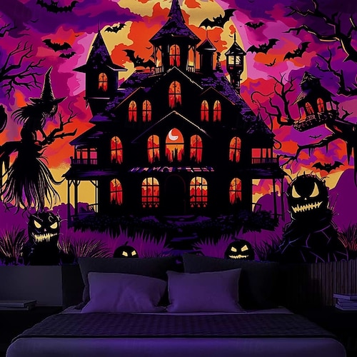 Halloween Blacklight Wall Tapestry – UV Reactive Haunted House