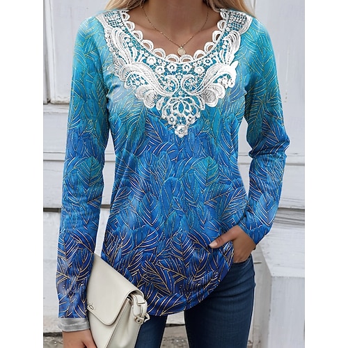  Blouse Femme tunique en dentelle col en V manches longues graphique florale plantes vintage col rond tops réguliers quotidiens sortie week-end impression en patchwork blanche jaune bleue bleu ciel