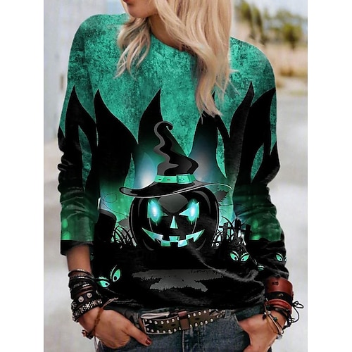  Tricou pentru femei de Halloween cu mânecă lungă guler rotund tunică lungă grafic cu dovleac fantomă stil vintage clasic topuri print zilnic de weekend albastru violet portocaliu verde primăvară