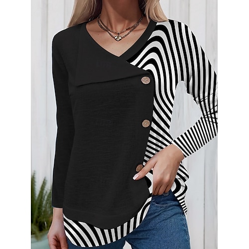  Women's Blouse Geometric Stylish Casual Long Sleeve V Neck Regular Tops Daily Pocket Buttons Print Black White Pink Spring Fall