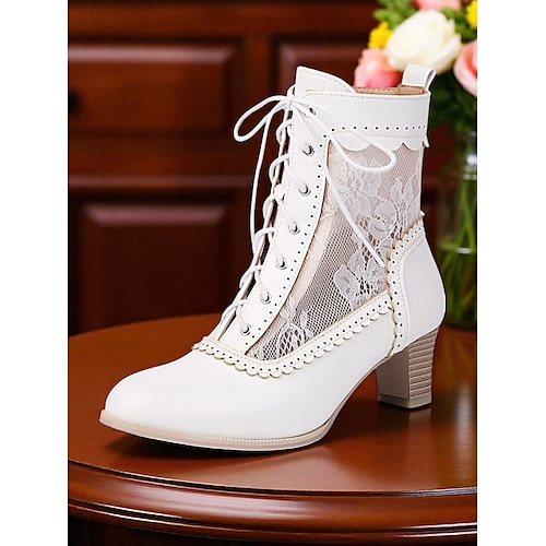  Botas femininas de cano curto com cadarço preto e inspiração eduardiana - botinhas vitorianas vintage de salto médio em malha com cadarço para moda gótica, cosplay e trajes com tema dos anos 1900