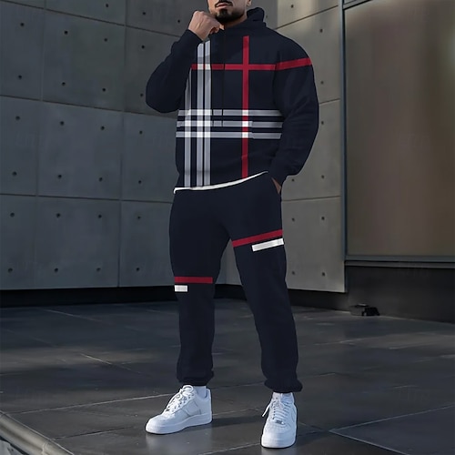  Férfi Kockás Színes 2db 3D pulóver készletek Tracksuit Kapucnis pulóver Hosszú ujj Hosszú nadrág Kapucni Alkalmi Napi Sportruházat 3D nyomtatás Tavasz Ősz Tél Fekete